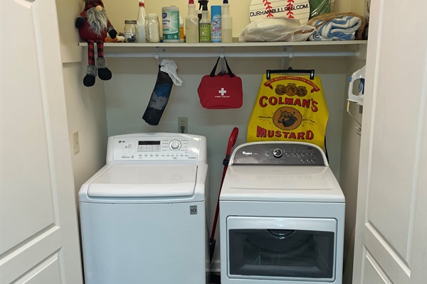 Full sized clothes washer and dryer free for guests to use and well stocked with starter supplies and cleaning essentials. The Bull Pen is perfect for relocations, longer stays, and has everything you need to make life easy!