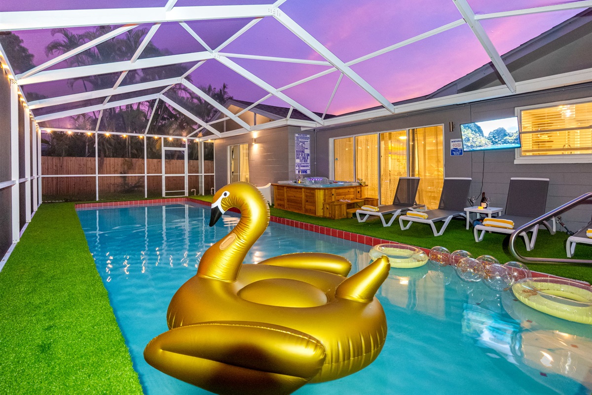 Catch your favorite game or stream a movie poolside with the mounted outdoor TV—no better way to lounge.