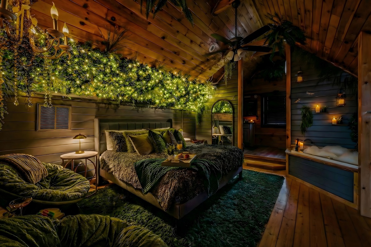Step into this Romantic primary suite and feel your whole body exhale — fairy lights cascade overhead, the soaking tub waits, and nowhere to be until morning.