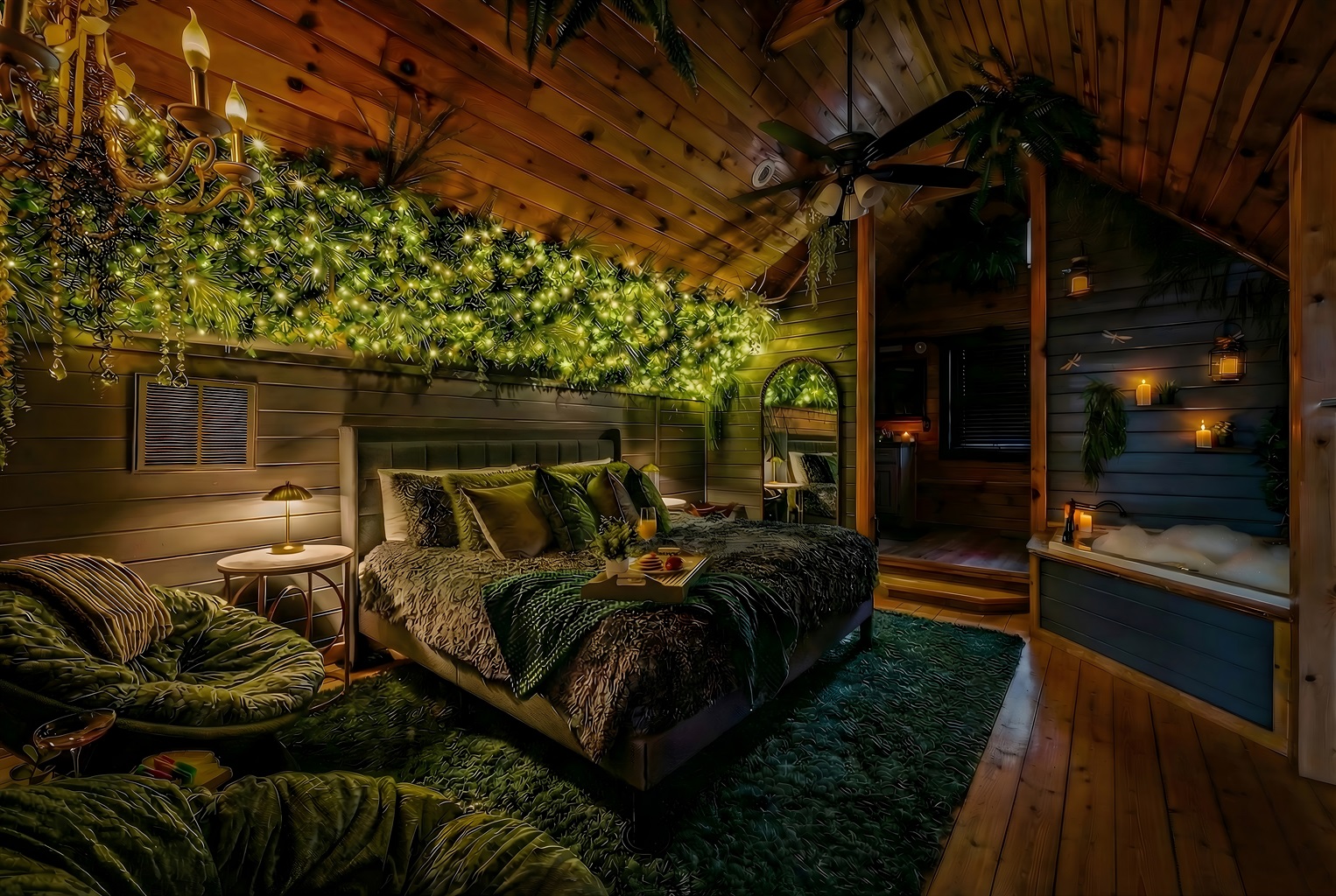 Step into this Romantic primary suite and feel your whole body exhale — fairy lights cascade overhead, the soaking tub waits, and nowhere to be until morning.