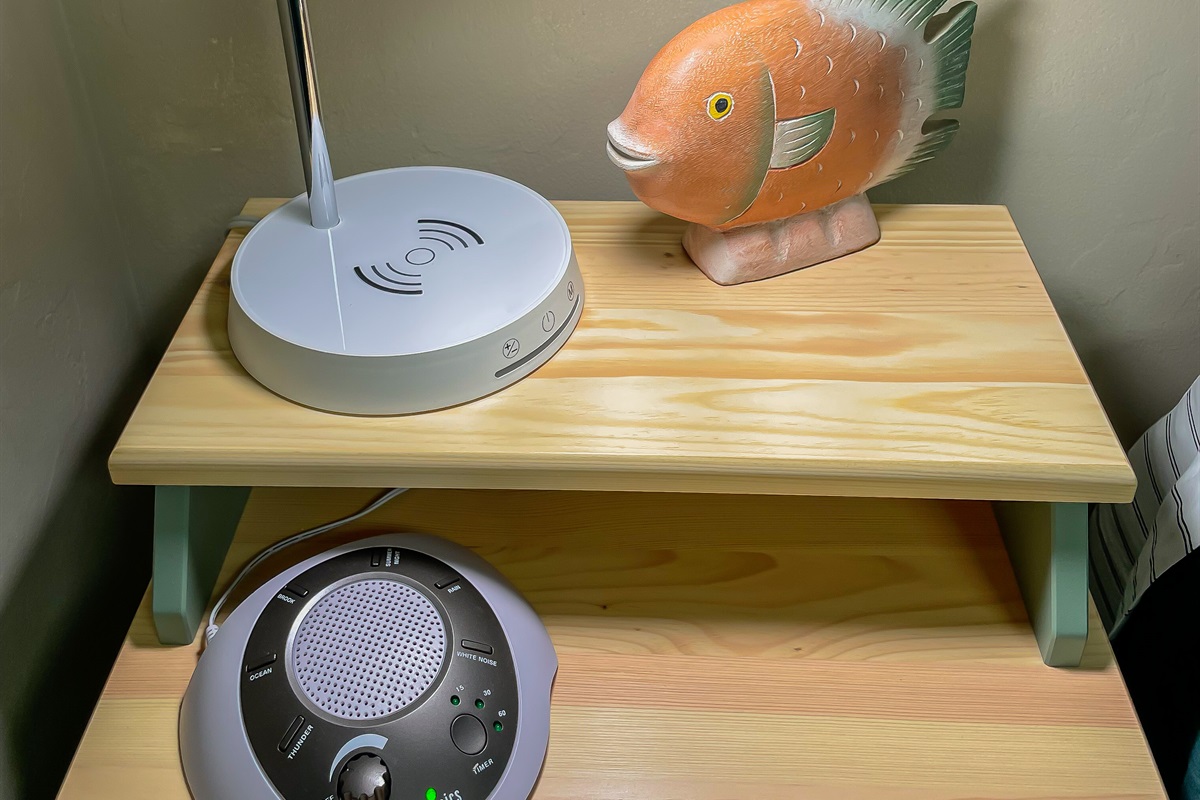 Fully adjustable lamps with wireless phone charging capability. Nature/white noise machine, in case it’s a little too quiet for you.