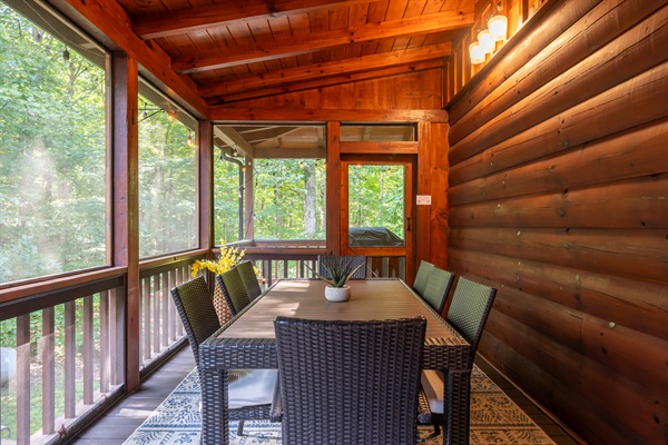 Outside dining area in screened-in room