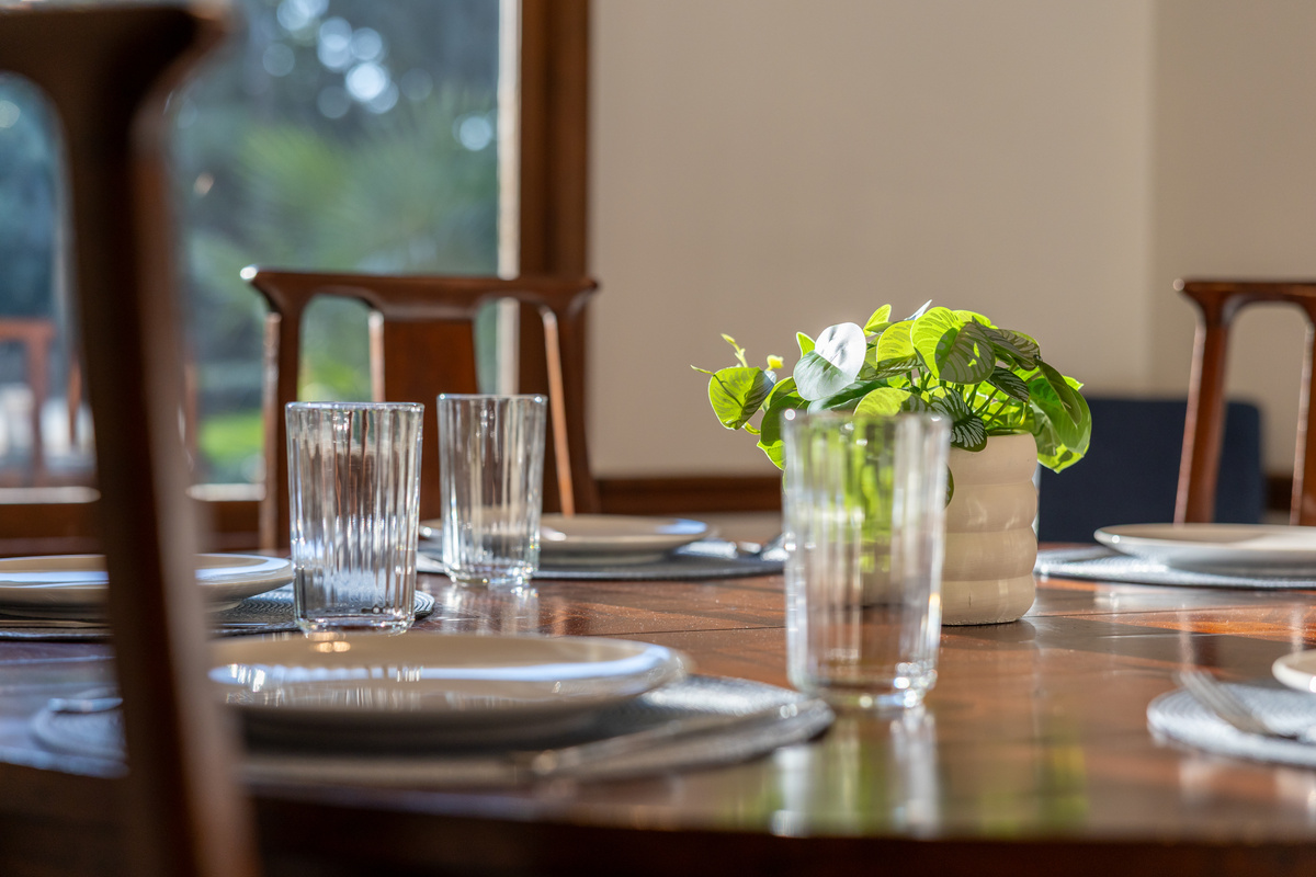The house includes plenty of plates, bowls, and silverware to accommodate a large group