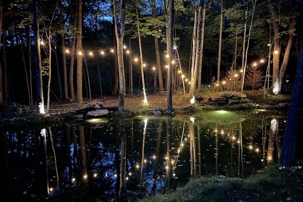 Twinkle lights around the pond, firepits, and hotub areas add to the magic at night!