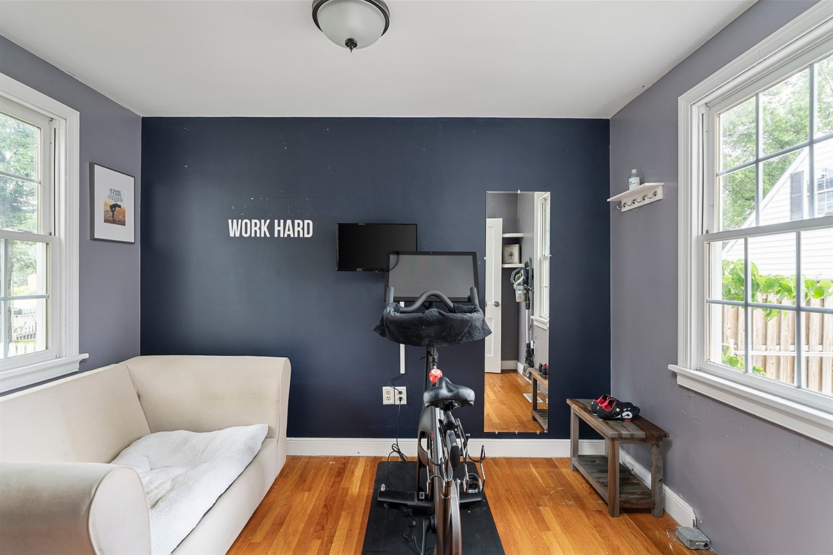 Peloton Bike!  Bring your shoes.  Also equipped with a dog bed so if your dog needs to watch passerby when left, they have a comfortable spot and a window to enjoy!