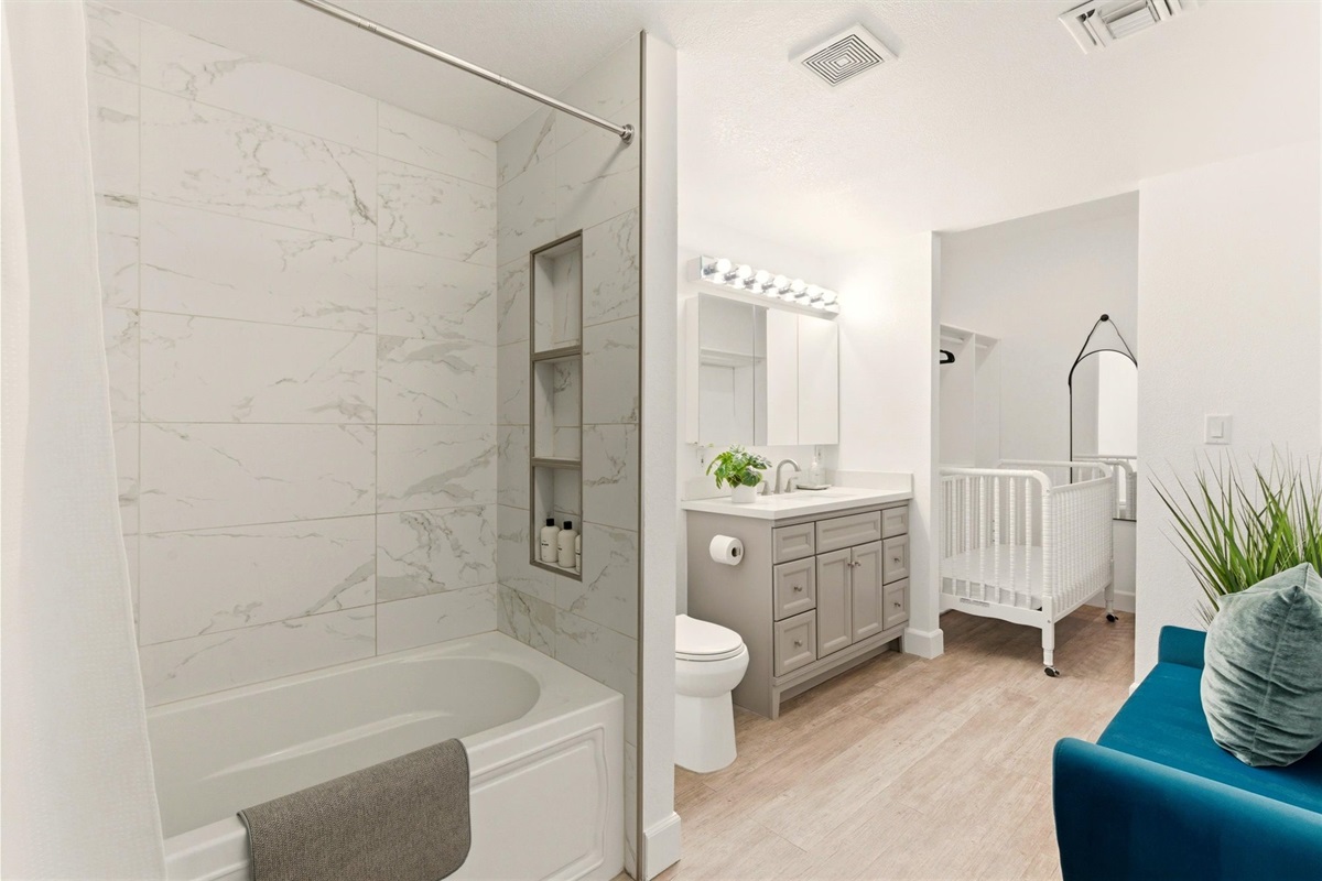 Tub/Shower combo; Crib & Walker; blow dryer; now with Toilet Grab bar, shower grab bar, non slip tub & shower chair