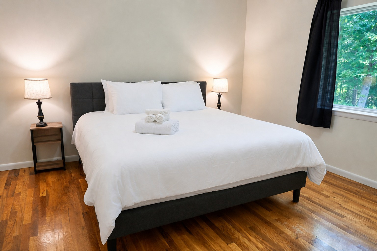 Master bedroom with a king bed and blackout curtains
