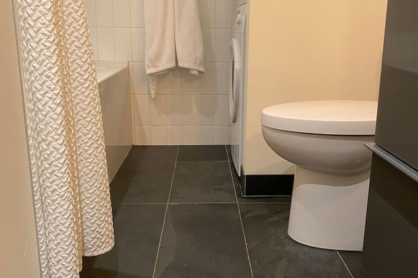 Laundry machine and dryer tuck in the corner beside toilette