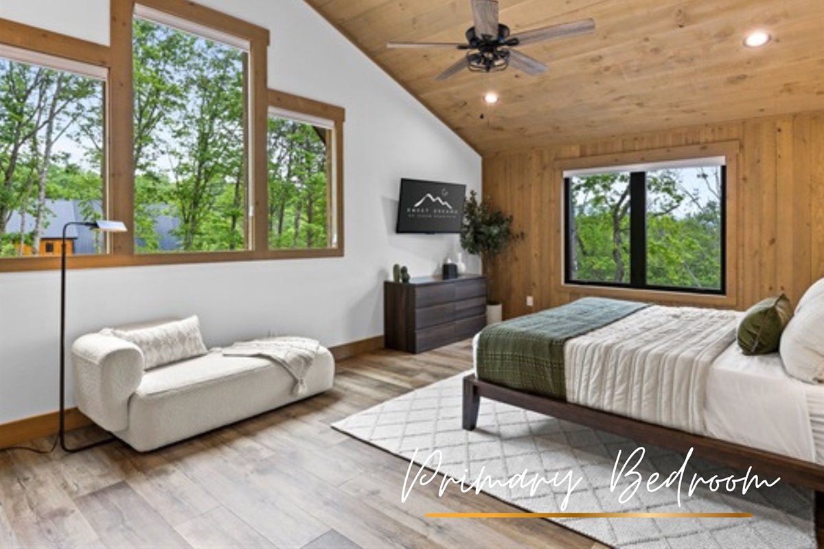 A peaceful escape with soft textures, lofty ceilings, and nature just outside your window.
