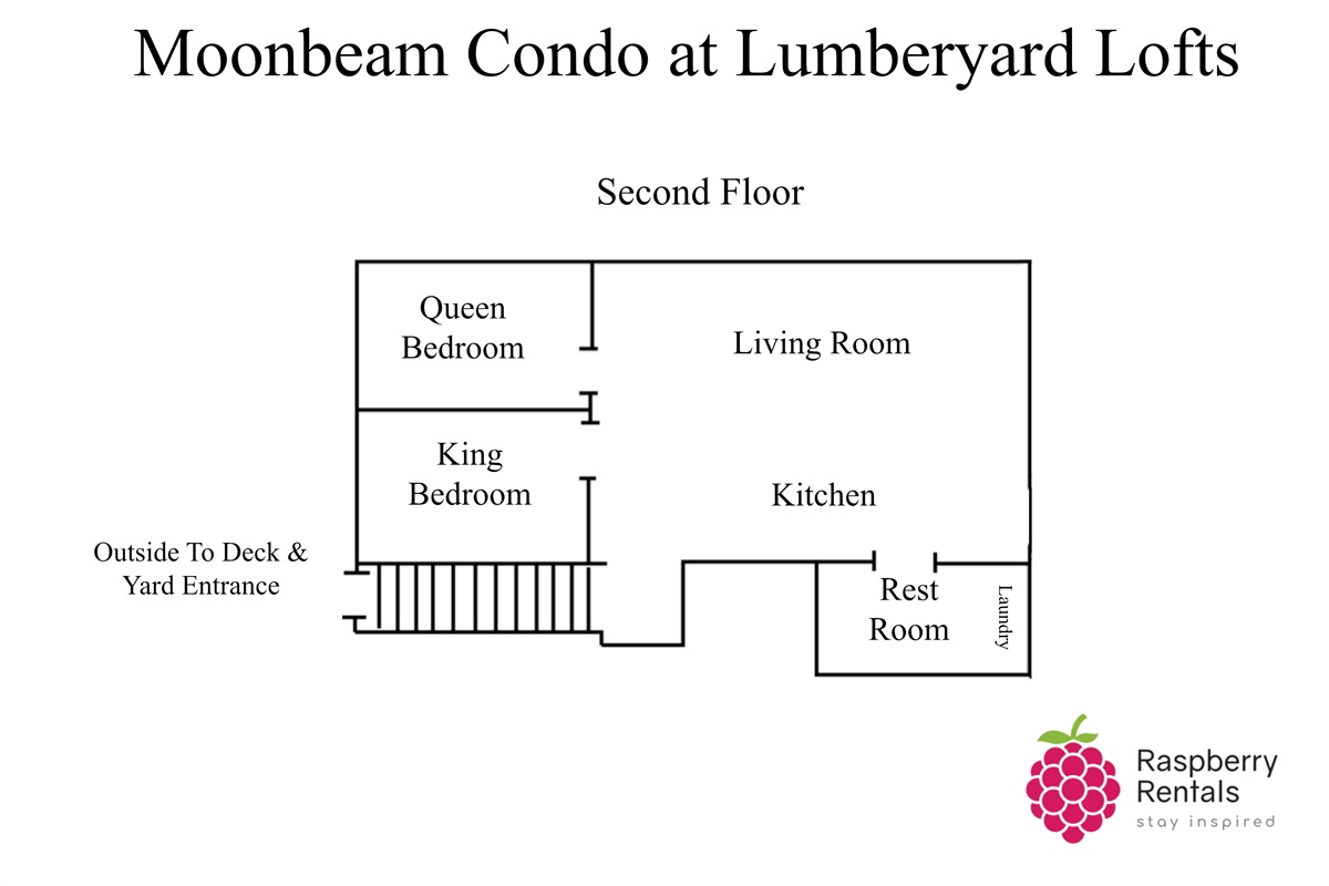 Floorplan for Moonbeam Condo showing entrance up a flight of stairs, into a large living room with galley kitchen. One rest room off kitchen, and one queen and one king bedroom off the living room.