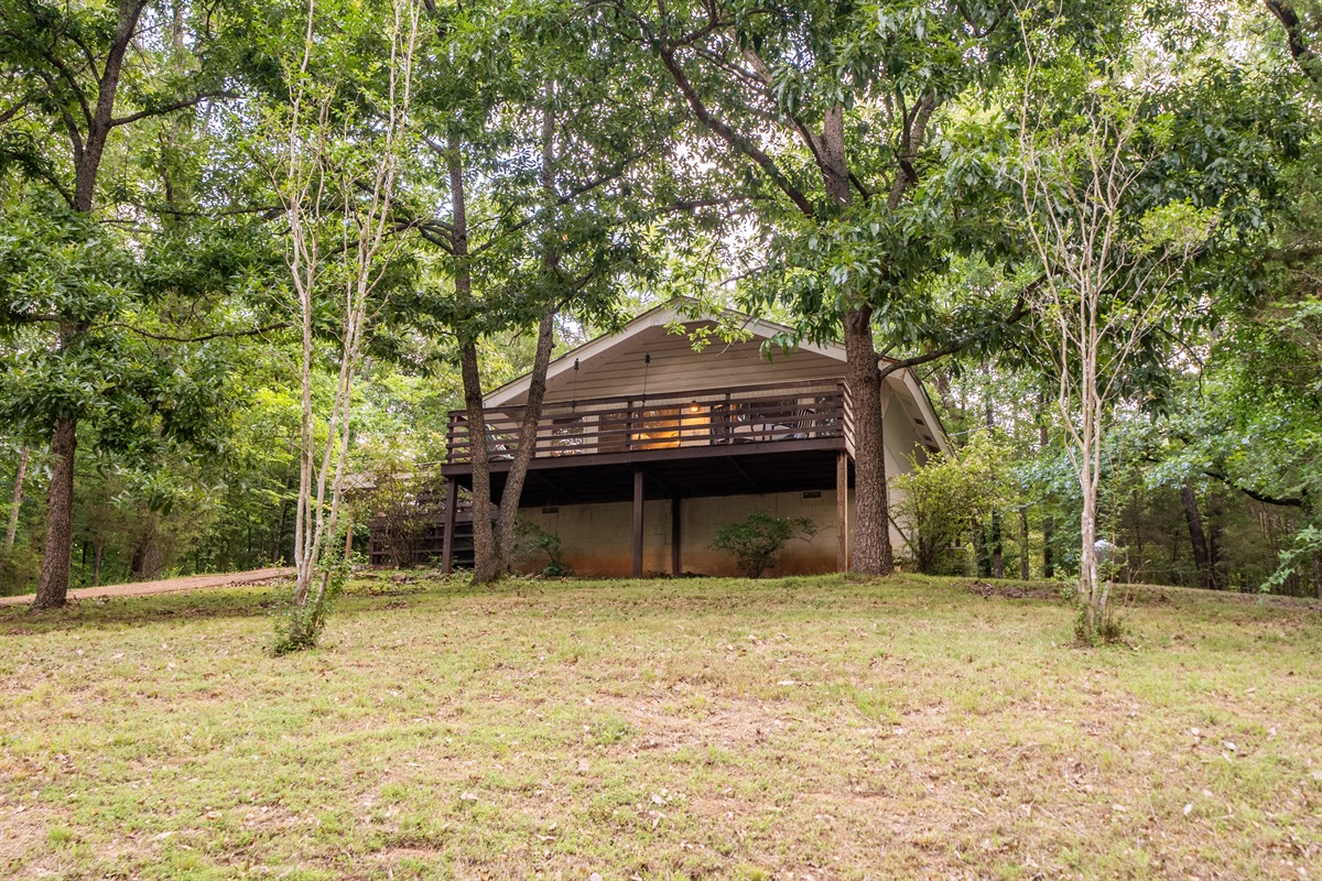Cabin is tucked into the hillside
