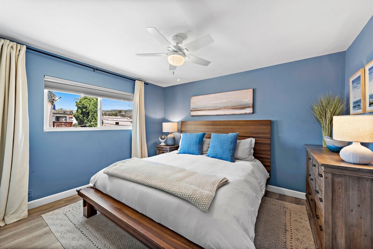 The Master Bed Room has a California King bed with plenty of storage for your clothes and personal items.  It also has black-out shades so you can sleep in if you choose.