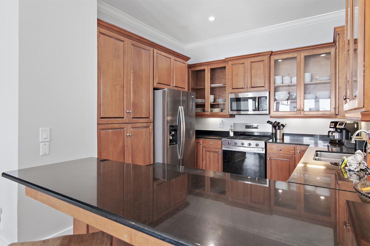 Remodeled Kitchen with granite countertops, stainless appliances - cook delicious meals and dine while overlooking the Gulf of Mexico!