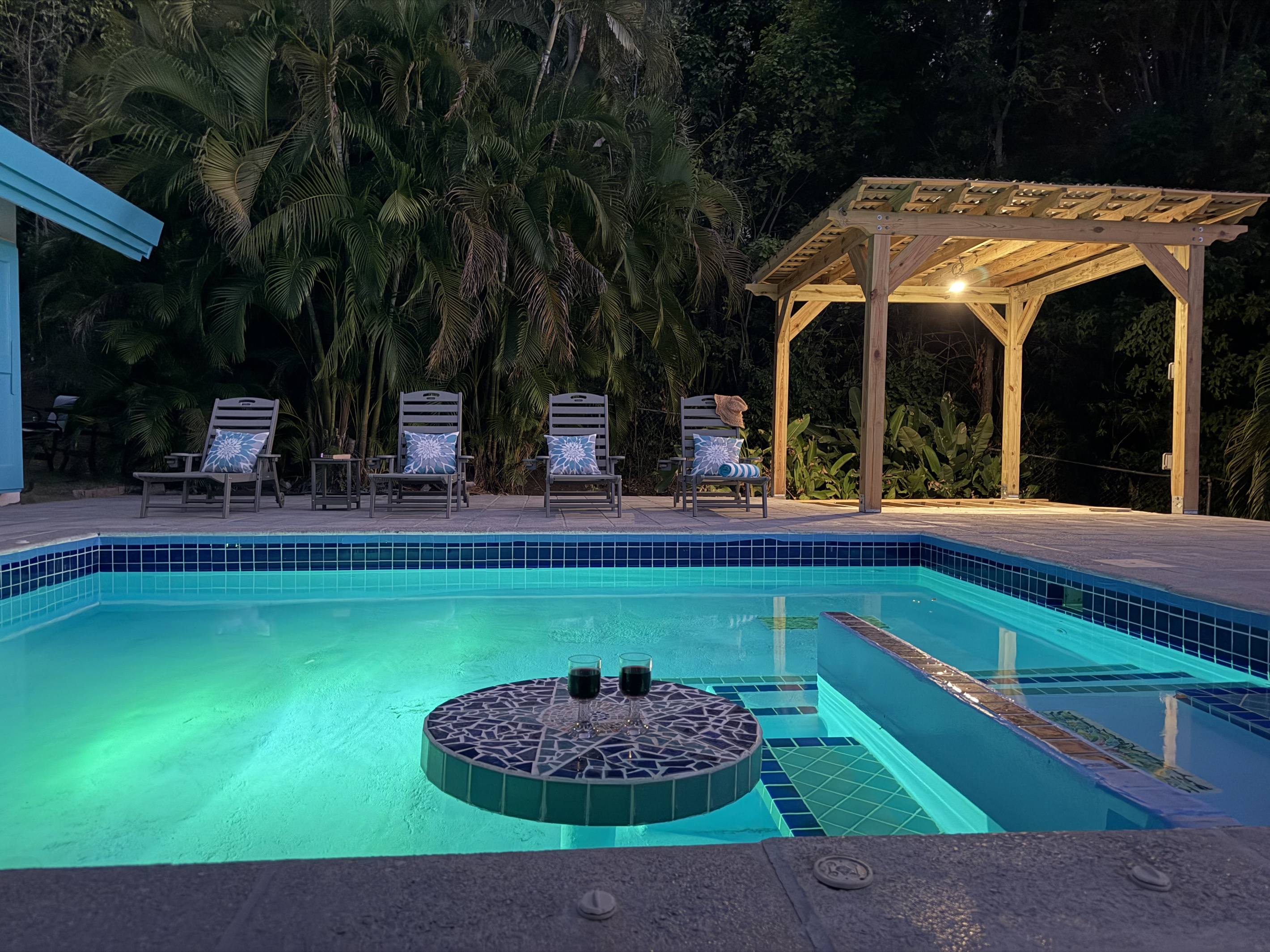 Unwind after sunset in your private tropical paradise. The pool area comes alive at night with warm gazebo lighting and glowing underwater pool lights. Sip cocktails at the unique swim-up mosaic table, lounge on the spacious deck surrounded by lush palms