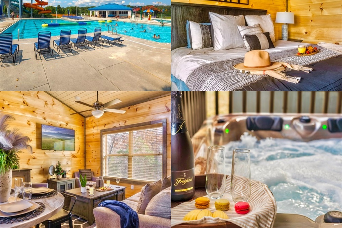Wake up to birdsong and a fresh mountain breeze, then spend your day between sparkling resort pool which is 5 miles away, cozy cabin comforts, warm wood interiors, and evenings soaking in a private hot tub under the stars.
