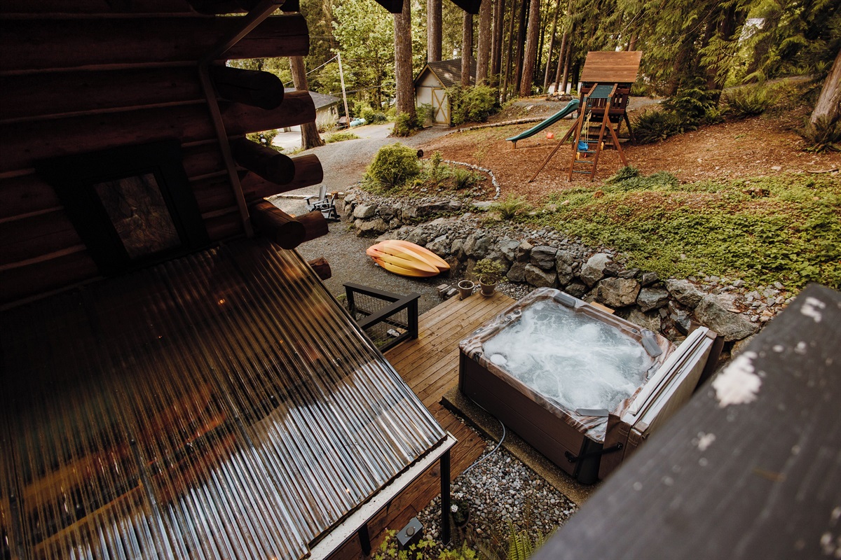 Looking down on the hot tub from the bunk house patio.