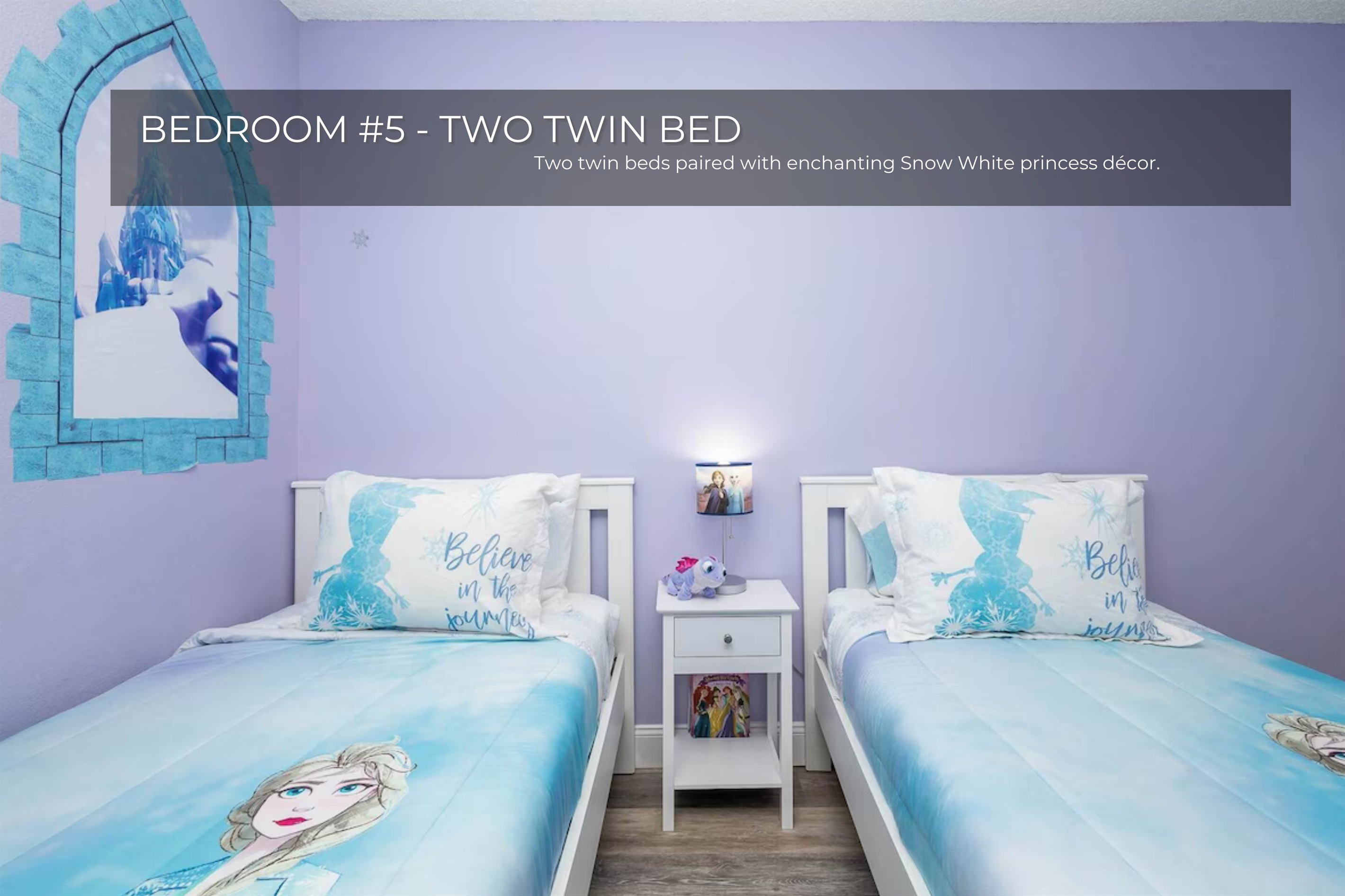 Perfect for kids or friends, this room features twin beds and magical Snow White décor.