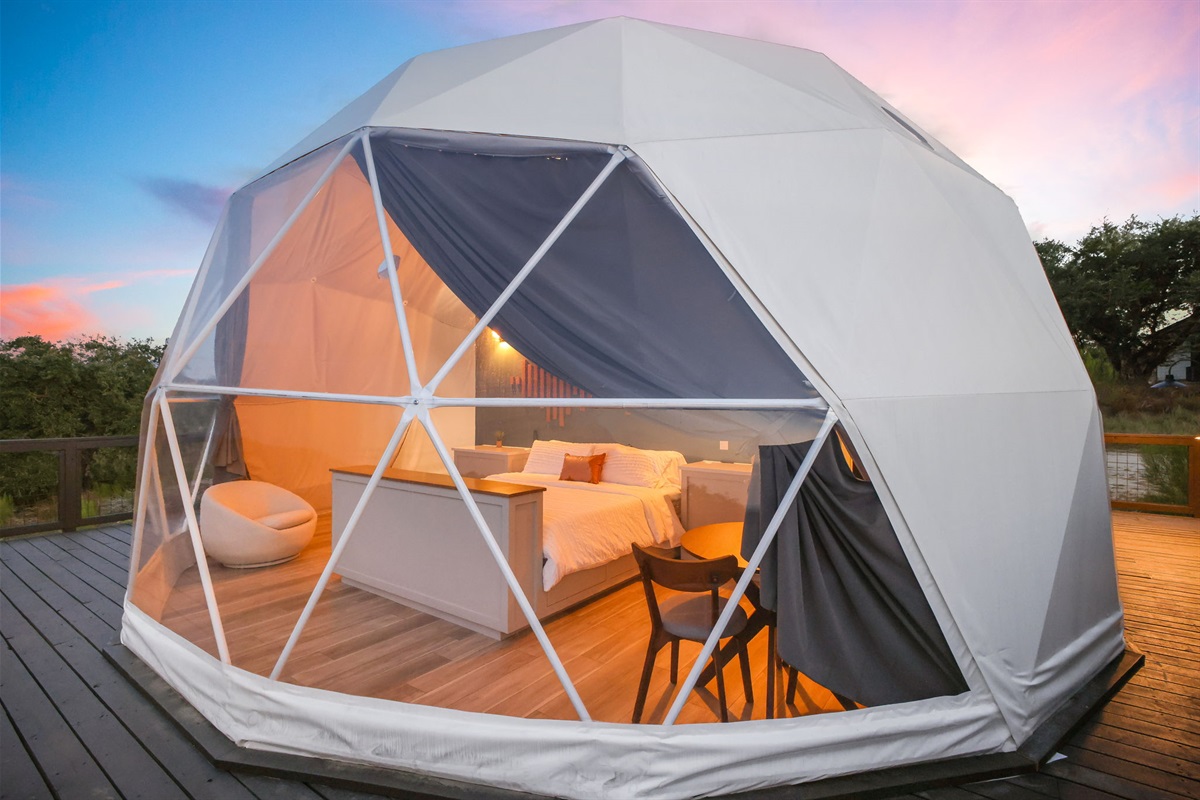 Your stay begins with sunrise views framing a striking geodesic dome — a peaceful escape blending modern design with nature.