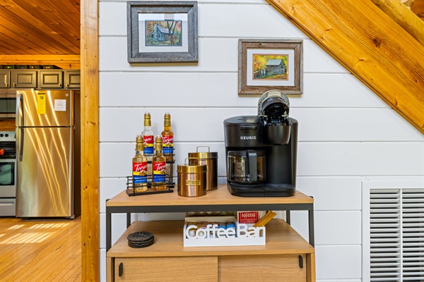 Coffee and tea bar. Cocktail supplies and games below. 