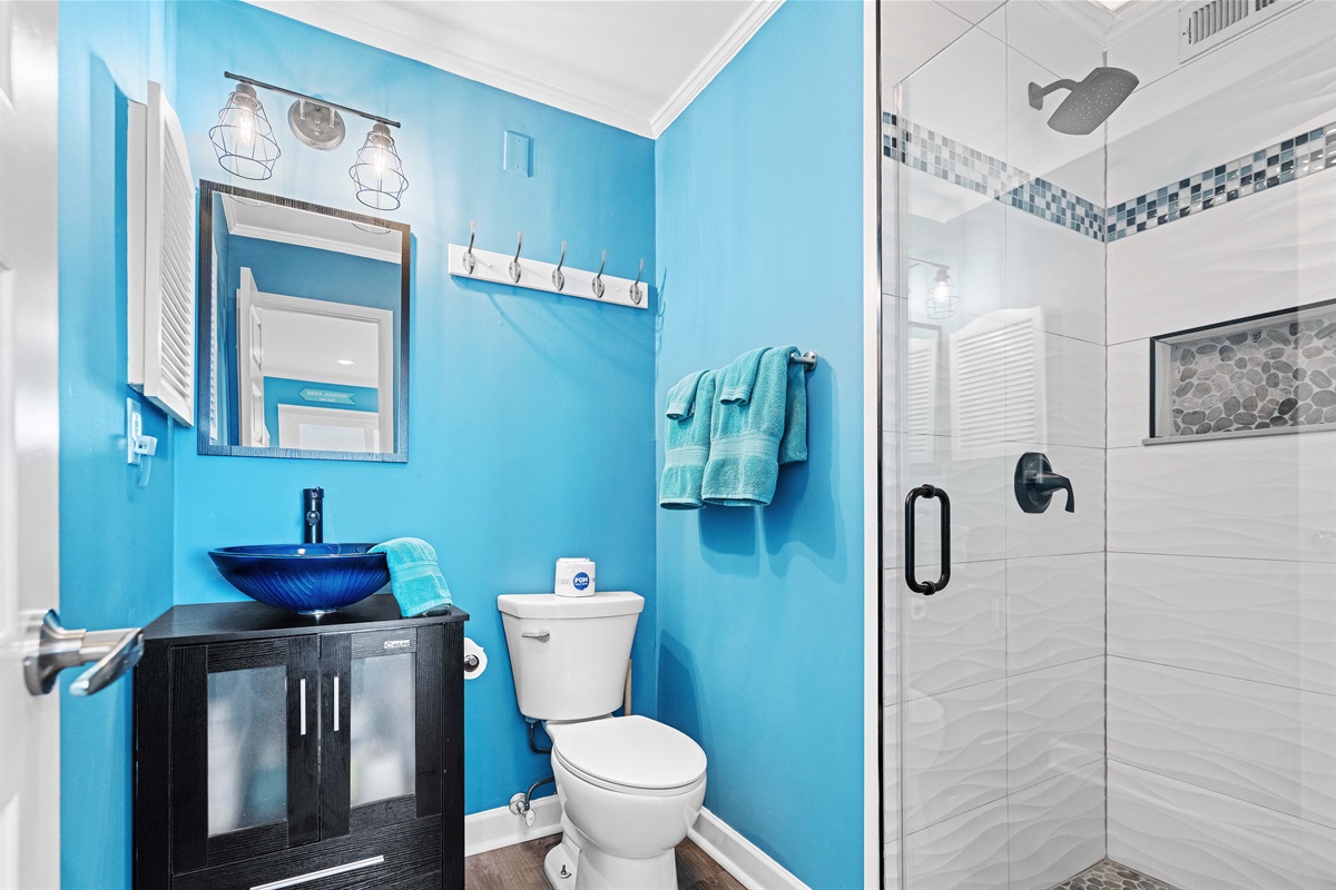 Newly renovated guest bathroom with vanity and walk-in shower