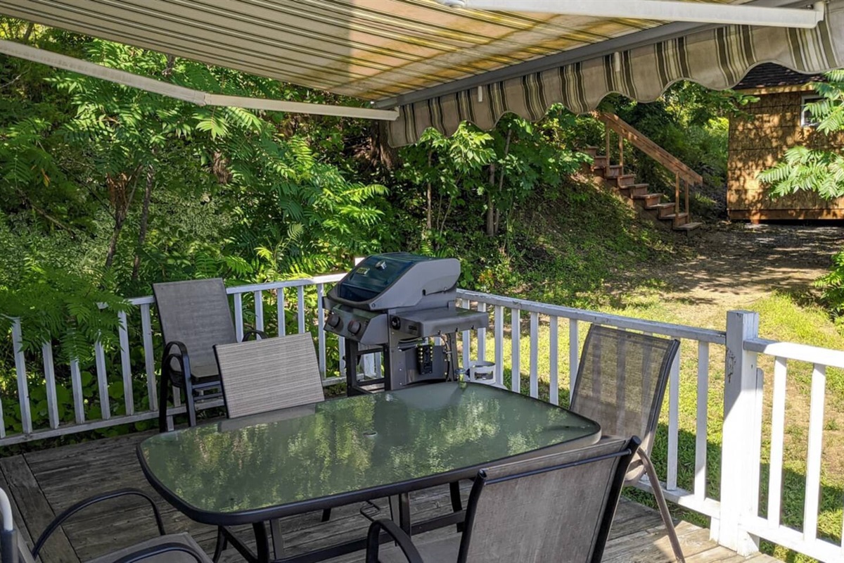 Cottage deck/terrace with BBQ and retractable awning