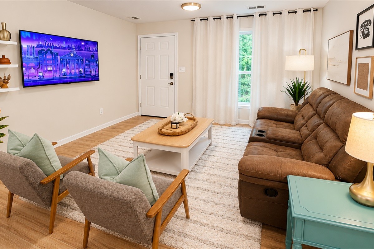 Kick back and watch your favorite shows in this inviting living room.
