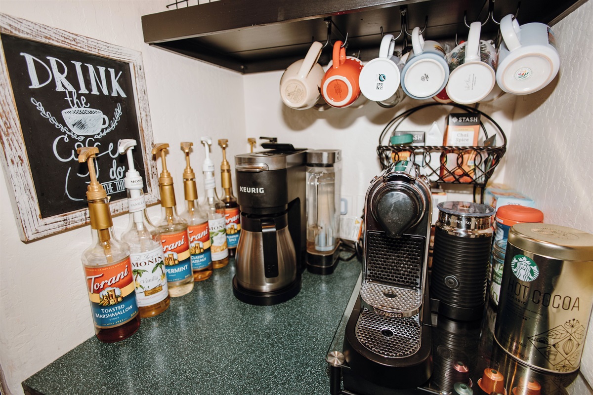 Coffee station featuring a Keurig Duo and Nespresso.