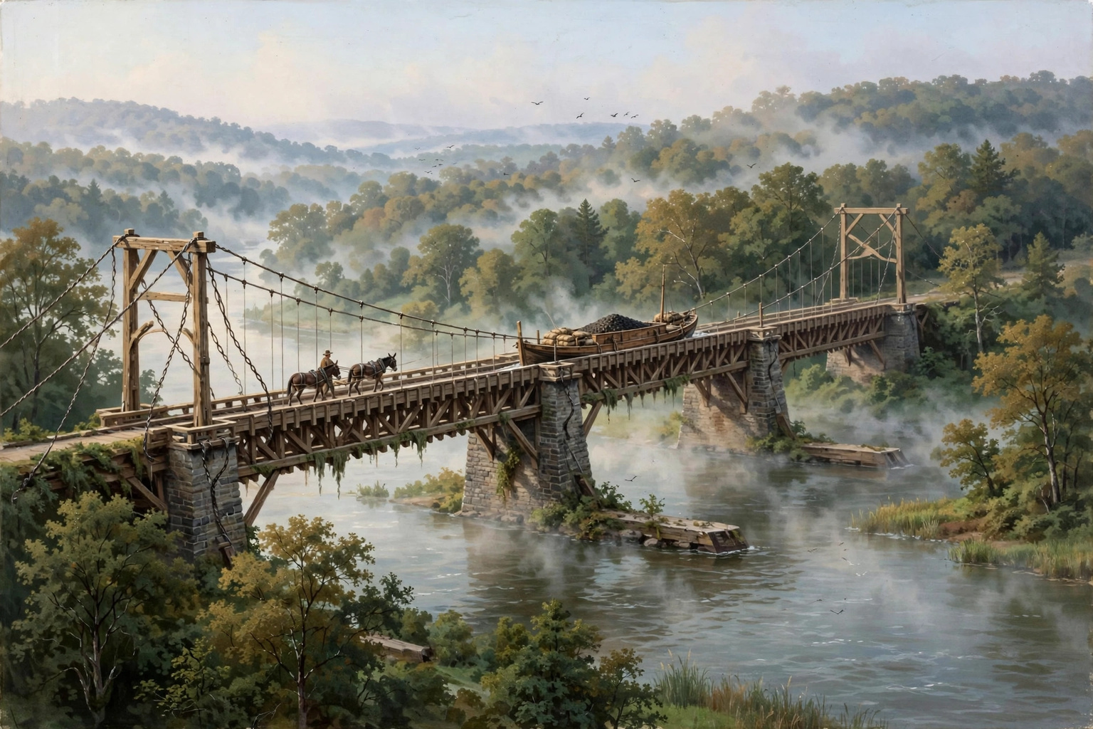 Illustration of Roebling's Delaware Aqueduct carrying a canal boat above the river