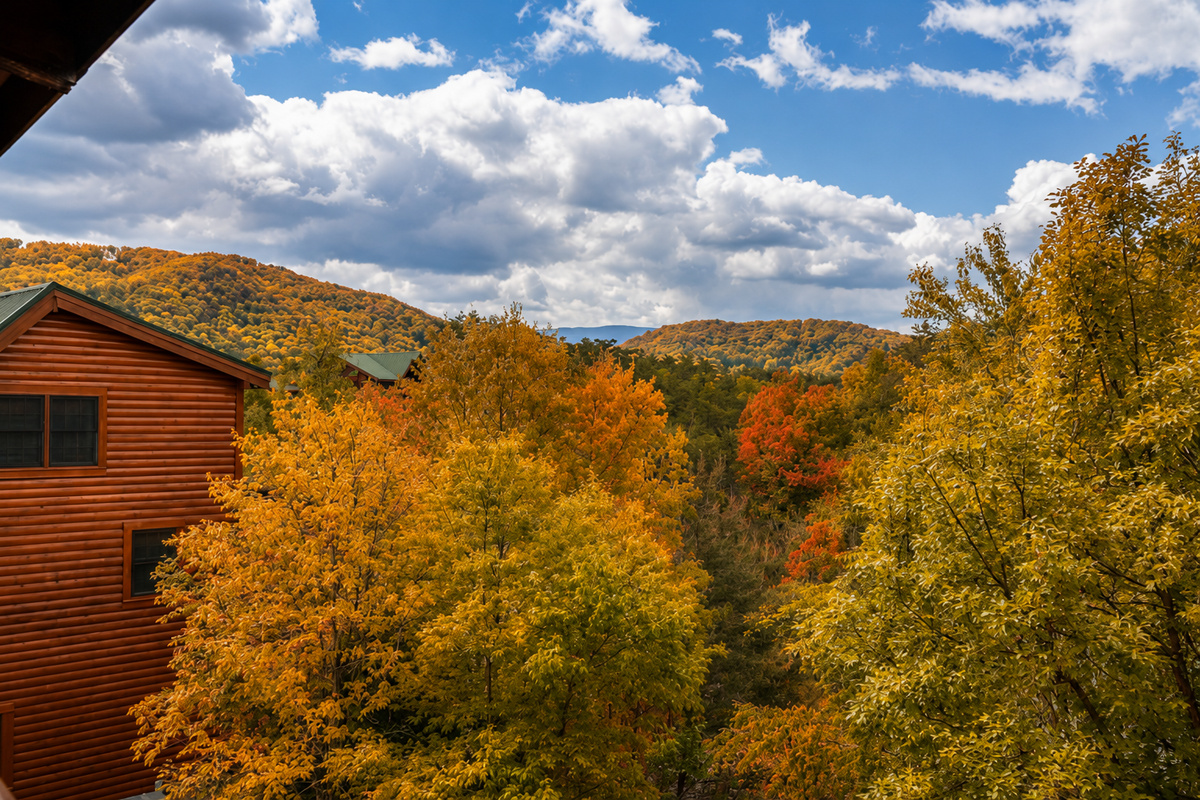 Cabin main deck sits among the trees with a view of the Smoky Mountains
