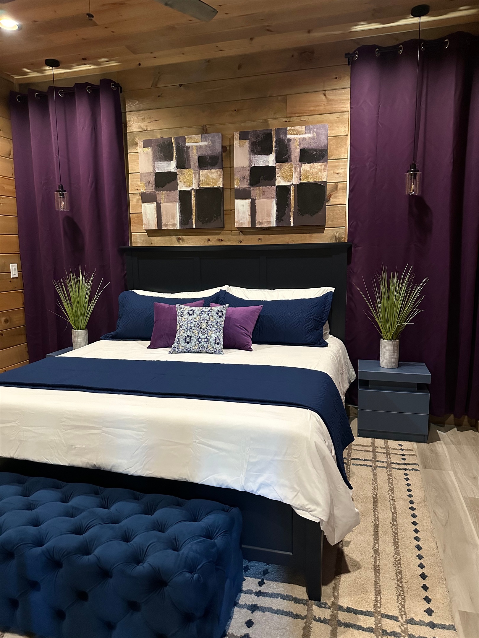 Rich tones, plush layers, and cozy lighting create a calming king retreat. Designed for restful nights and slow mornings, this inviting space wraps you in comfort after days spent exploring the mountains.