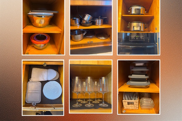 Fully stocked kitchen with bakeware, crockpots, and wine glasses!