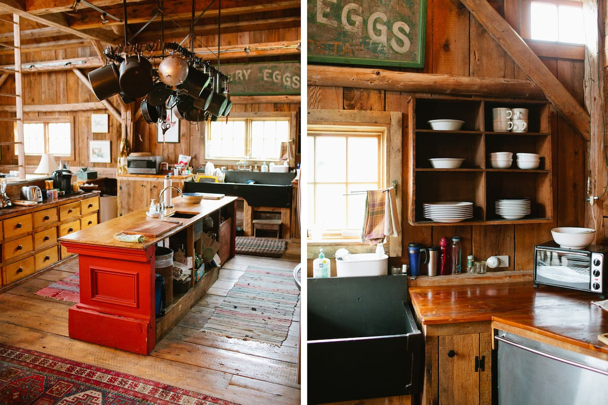 Kitchen island with glimpse of old slate sink