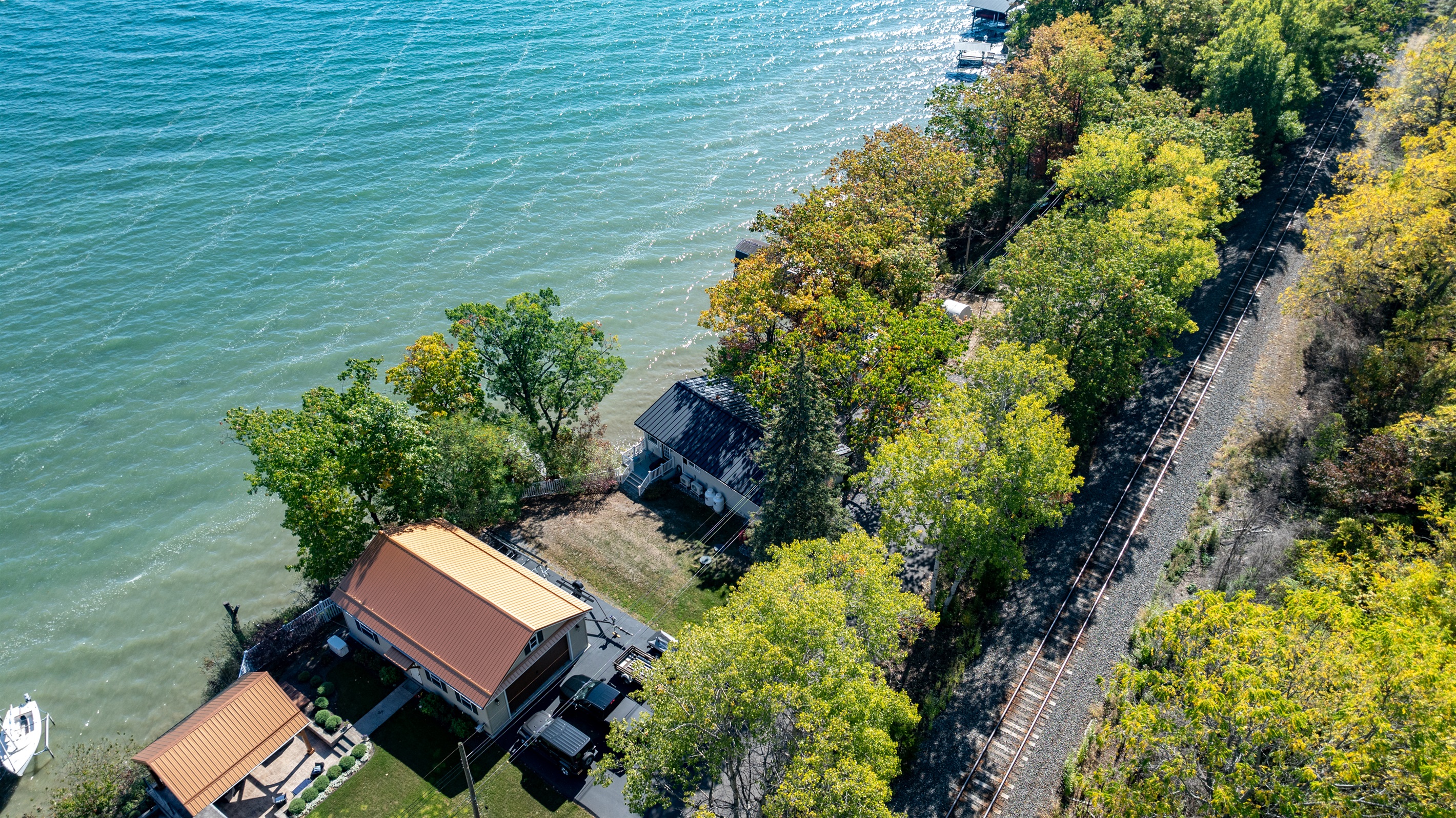 Peaceful lakeside retreat surrounded by lush trees—ideal for relaxing by the water