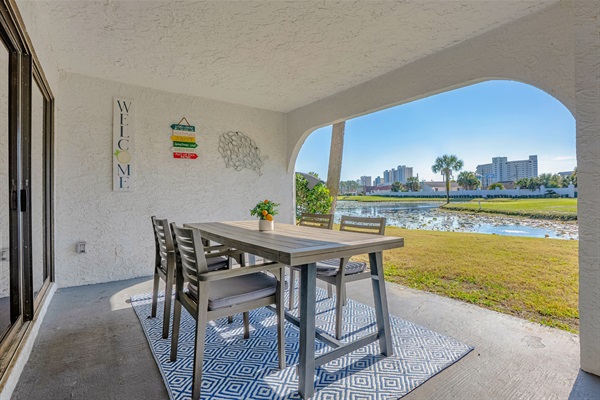 Oversized covered patio with peaceful golf course view