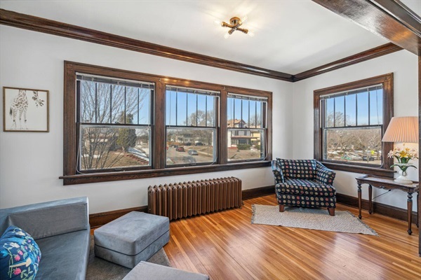 Sunroom seating area. The gray couch in the foreground folds out into additional bed!