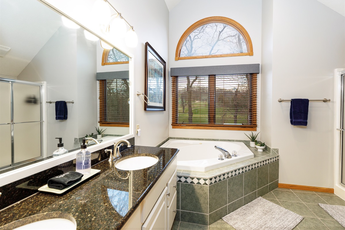 Large Primary bath with double vanity, soaking tub, and separate shower