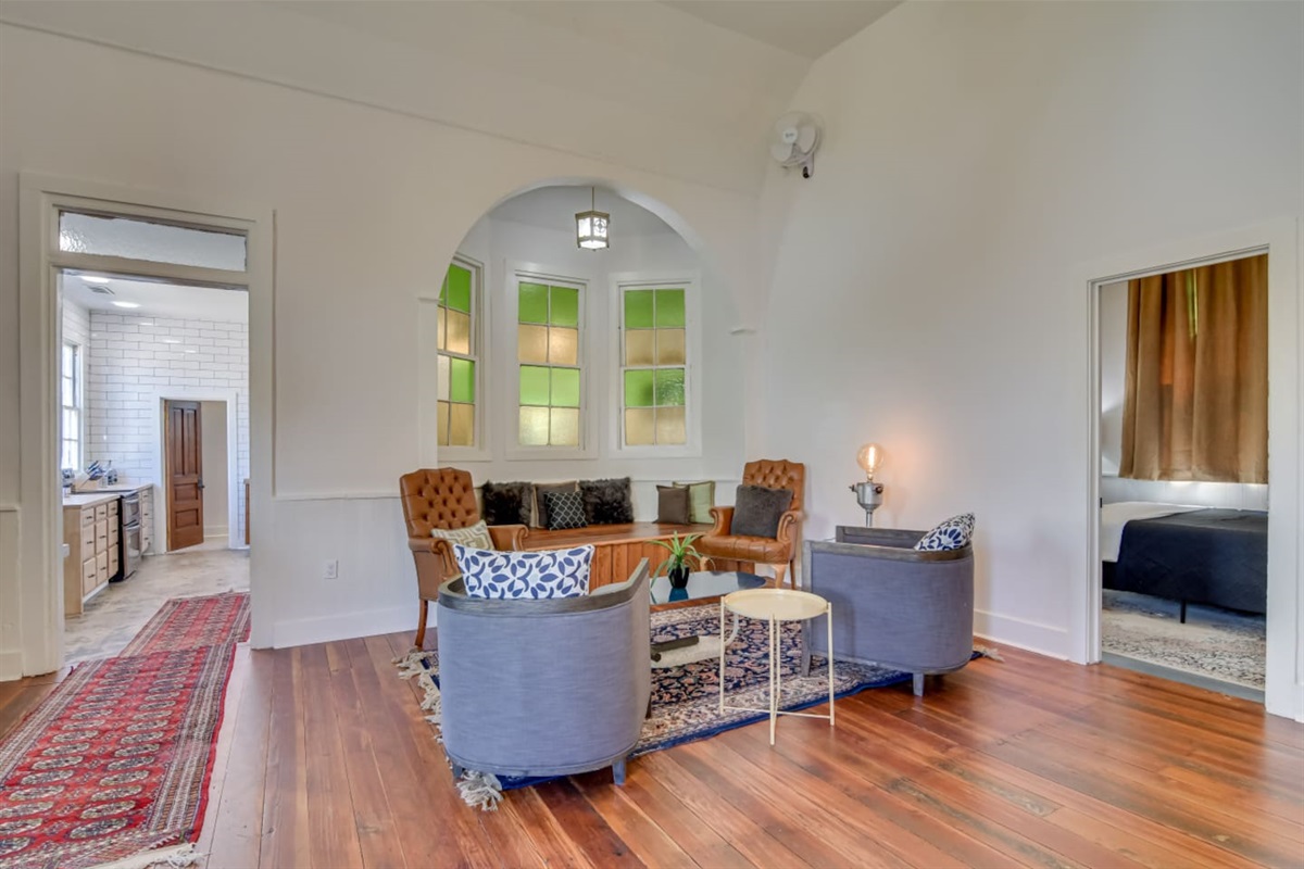 Spacious lounge for entertaining with soaring ceilings.