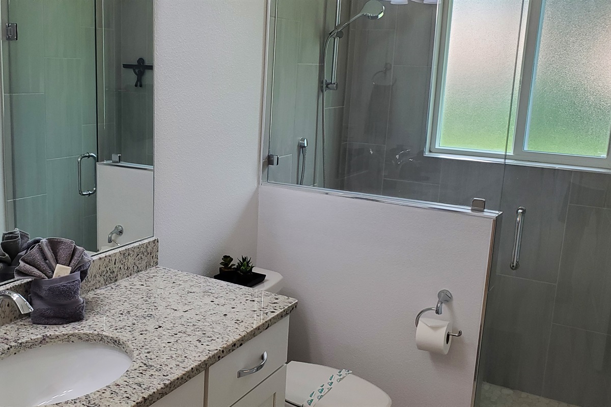Shared full bathroom with walk-in shower