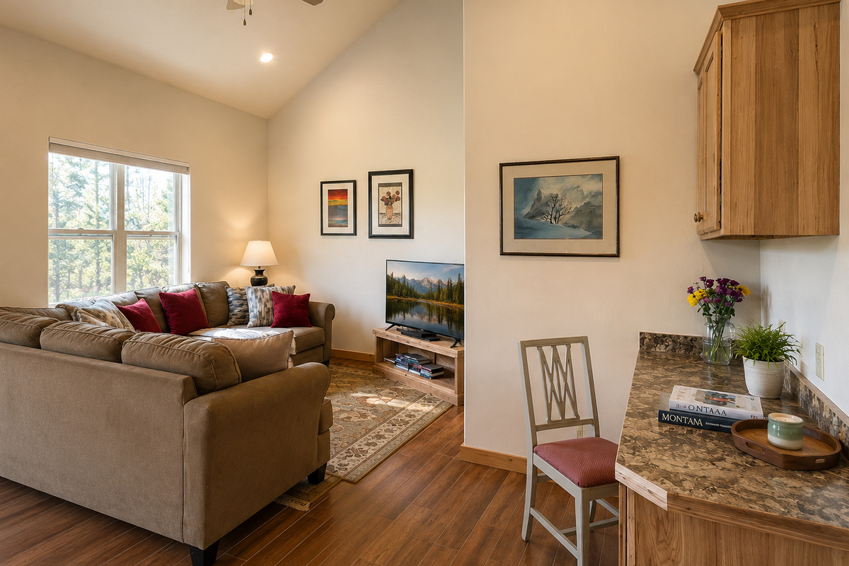 The open-concept top floor unit also features a dedicated workspace, making it easy to catch up on work (if you must!) or to plan your next outdoor excursion. 