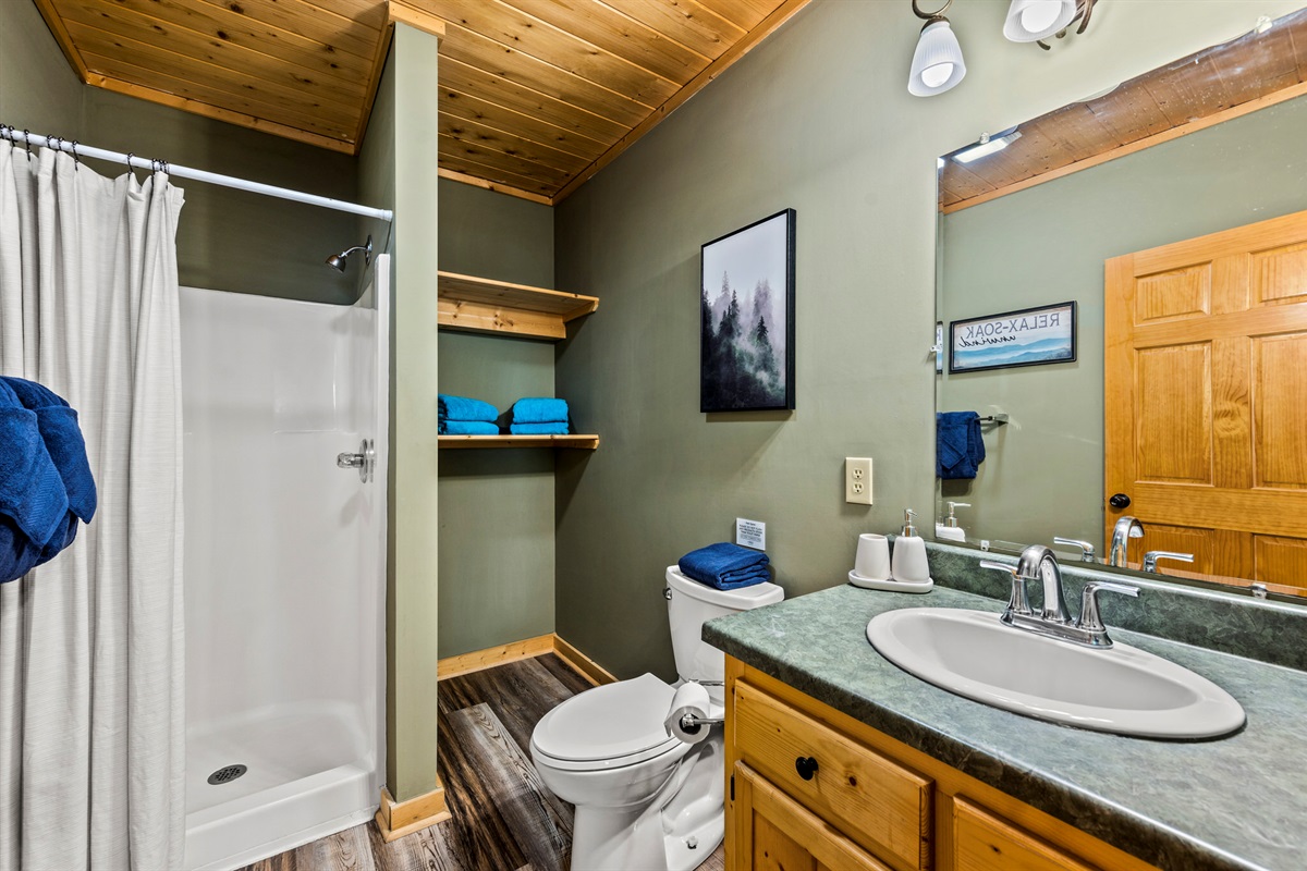 Bright bathroom stocked with the essentials