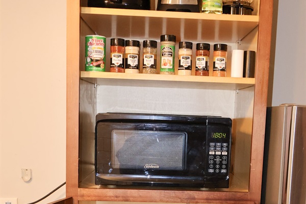 Microwave, blender, air fryer, electric hand mixer, and some seasonings.