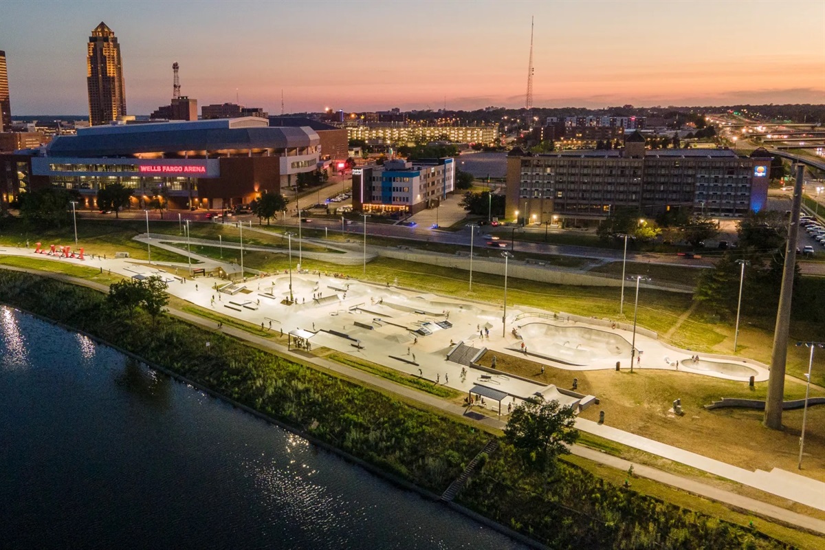Catch a sunset at Lauridsen Skatepark with Wells Fargo Arena in the backdrop—both just steps away for concerts, sports, and scenic riverfront views.