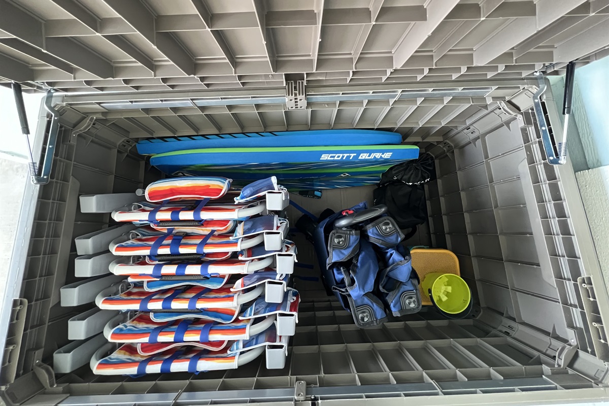 Beach chairs, boogie boards, wagon, sand toys, yard yatzee, and bocce ball