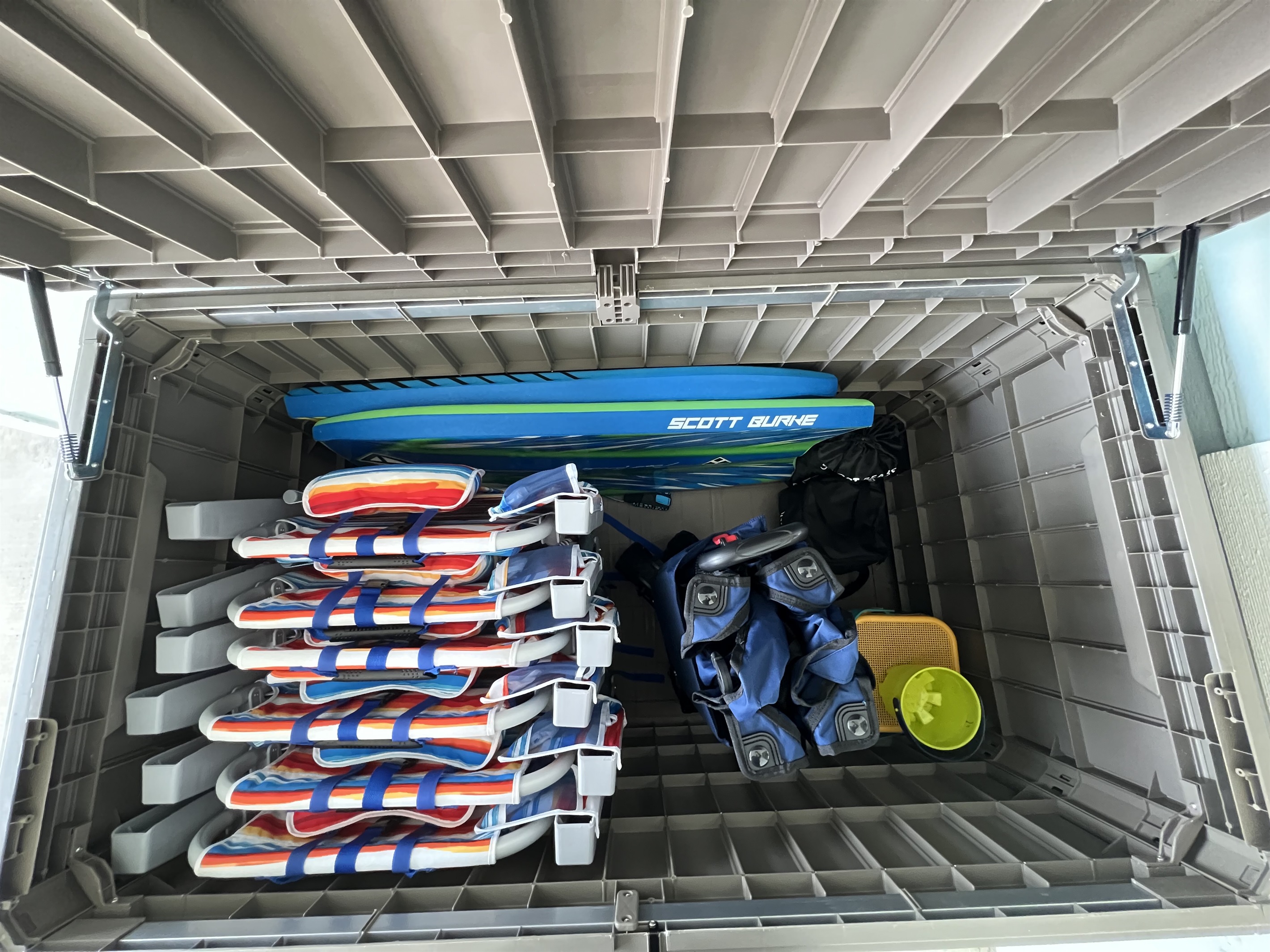 Beach chairs, boogie boards, wagon, sand toys, yard yatzee, and bocce ball