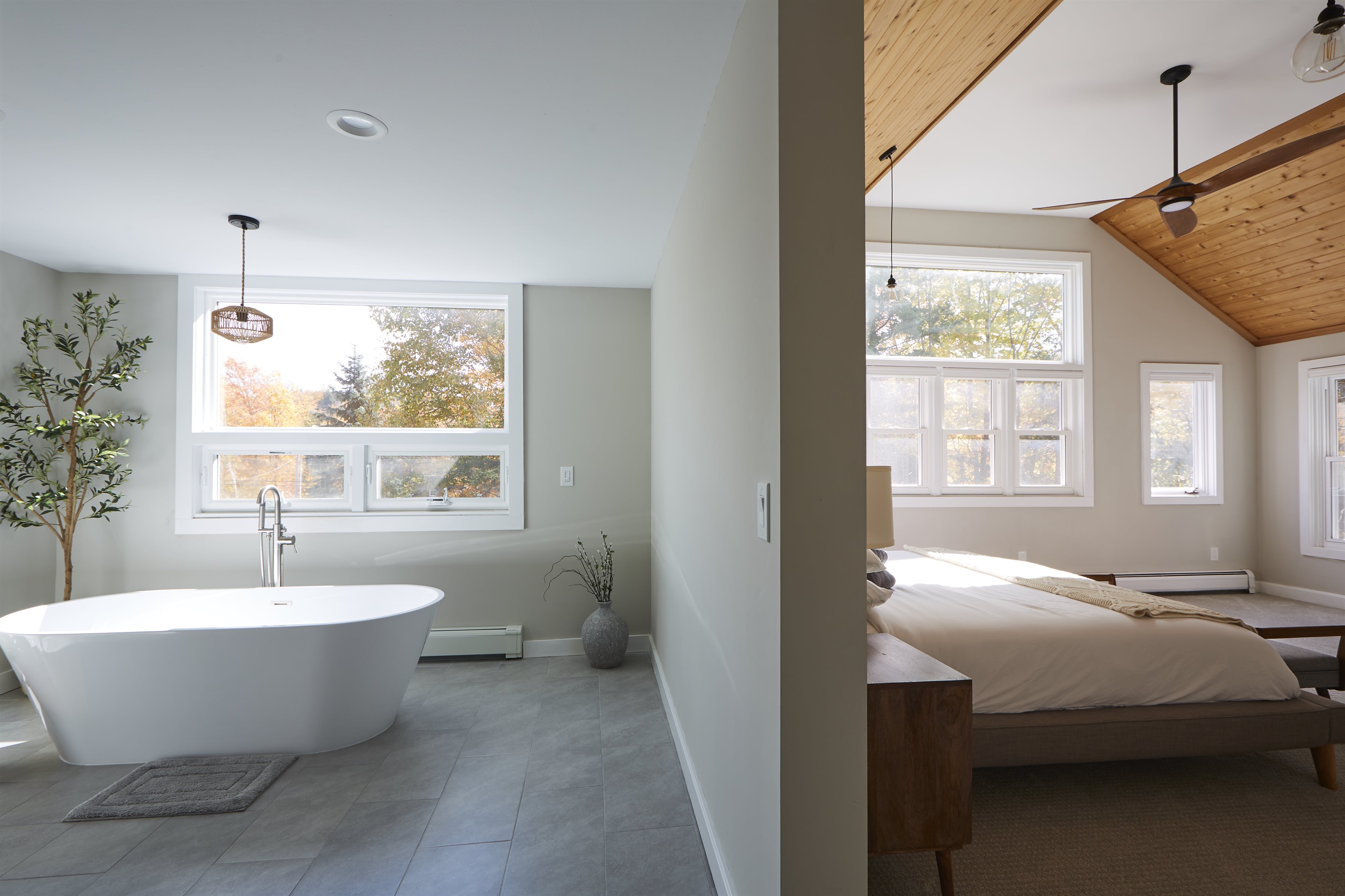 Beautiful soft light envelopes both the master bedroom and en-suite bathroom.