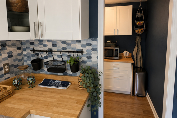 Convenient coffee and prep station with counter space, small appliances and everything close at hand.