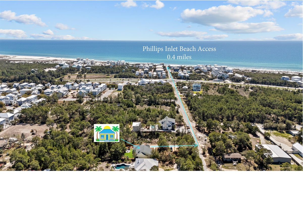 Phillips Inlet-our closest beach access—just a short ride or walk! While Highway 98 can be busy, crossing is easy by bike or with a rented LSV/golf cart. For families with little ones, we high