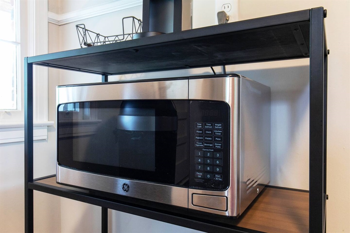 The microwave is found directly under the coffee station and has plenty of power to cook, reheat or just turn out some popcorn.