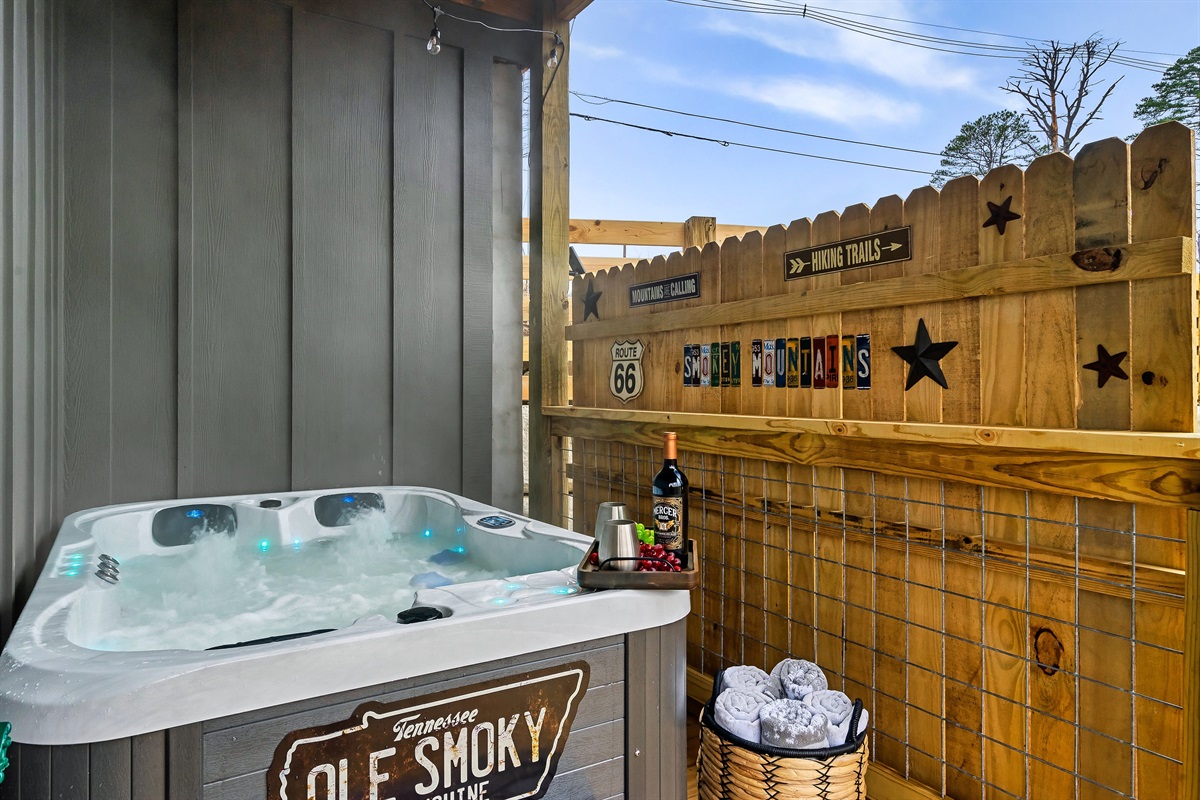 Hot tub time! Enjoy the warm bubbled water of our 3 person hot tub and let your worries and stress fizzle away. Tucked into the corner of the lower level patio balcony, directly accessed from the bedroom