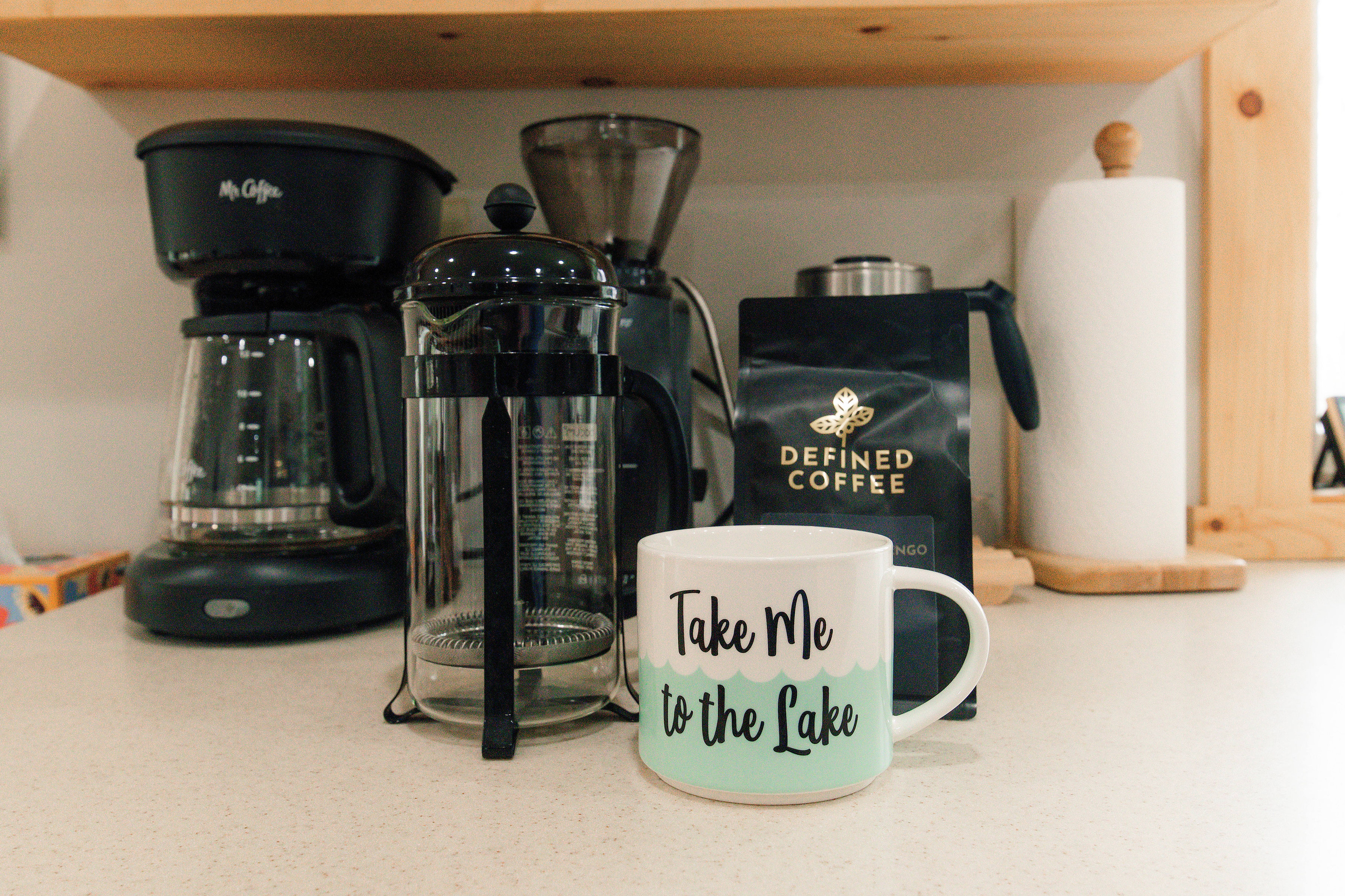 Fully stocked coffee station with all the essentials to enjoy your morning right on the dock!